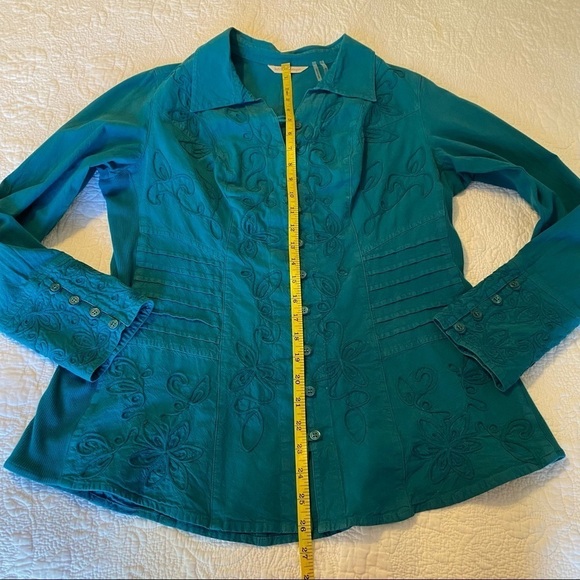 Soft Surroundings Embroidered Button Front Teal Top - M - Picture 12 of 13